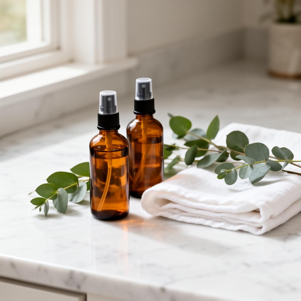 Eco-conscious botanical cleaning supplies on white marble